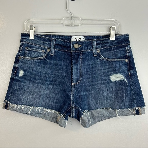 Paige Jimmy Jimmy Cuffed Blue Denim Distressed Jean Shorts Size 28 - Picture 1 of 11